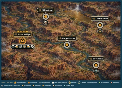 Brasswater map with five canyon cities, a northern waterfall and a golden lake