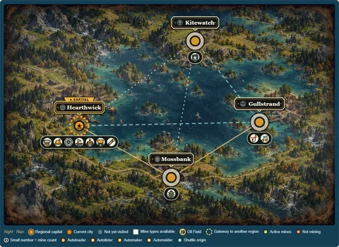 Hearthmere regional map with harbour towns, islands and travel routes