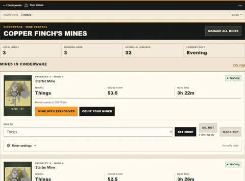 Active mines with miner robots, production timers and equipment controls