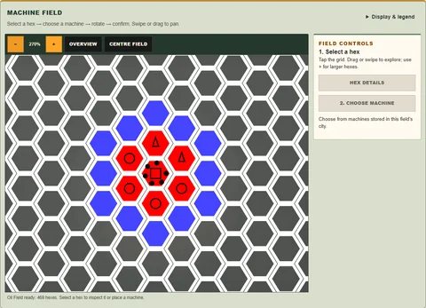 Oil Field hex board with deployed pumps, power machines and a packing pad